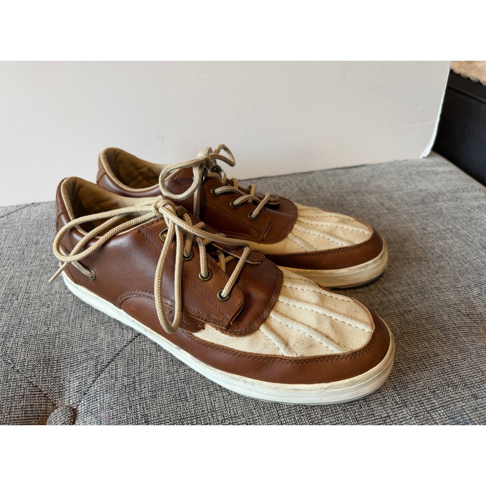Polo Ralph Lauren Ramiro Mens 12D Leather Canvas Sneakers Brown Cream Preppy